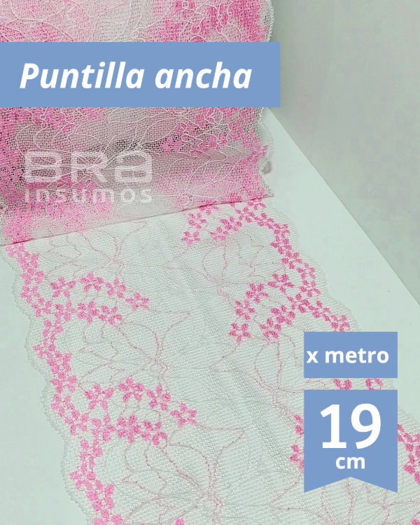 Producto - [P25] Puntilla Elastizada Bicolor 19 cm - Blanco c/ Rosa (x Metro)