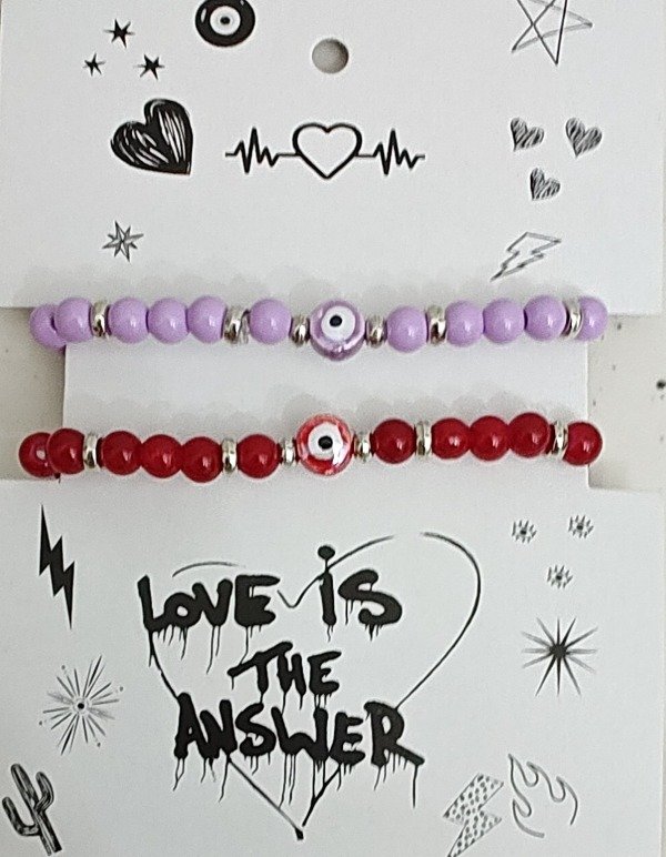 Producto - Pulseras para compartir con piedras rojas y lila con dijes ojitos Esmaltados