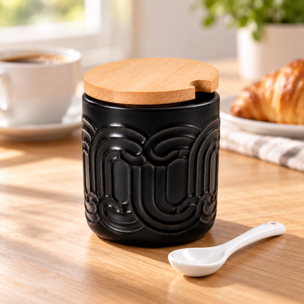 Producto - AZUCARERA DE PORCELANA CON CUCHARA Y TAPA DE BAMBU 10X8 - 1