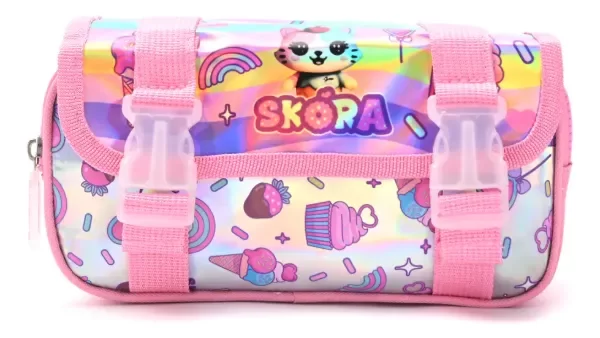 Producto - Cartuchera 2 Cierres Con Tapa Y Gancho Skora Kawaii Gatito Rosa Metalizado
