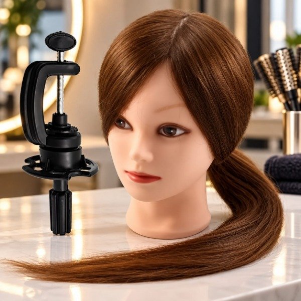 Producto - Cabeza de practica para peluqueria (50 natural) + soporte 55cm