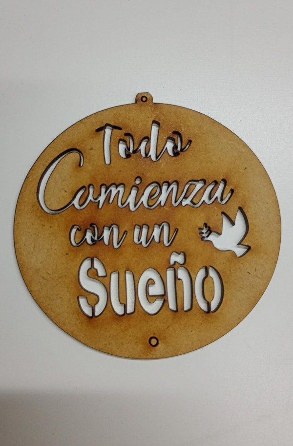 Producto - Atrapasueño circulo 10 cms con frase "Todo comienza con un sueño"