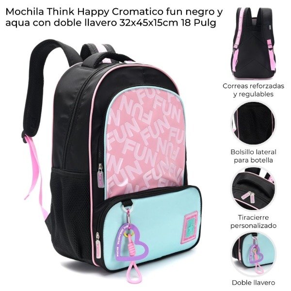 Producto - MOCHILA THINK HAPPY CROMATICO FUN NEGRO Y CELESTE CON LLAVERO 42895