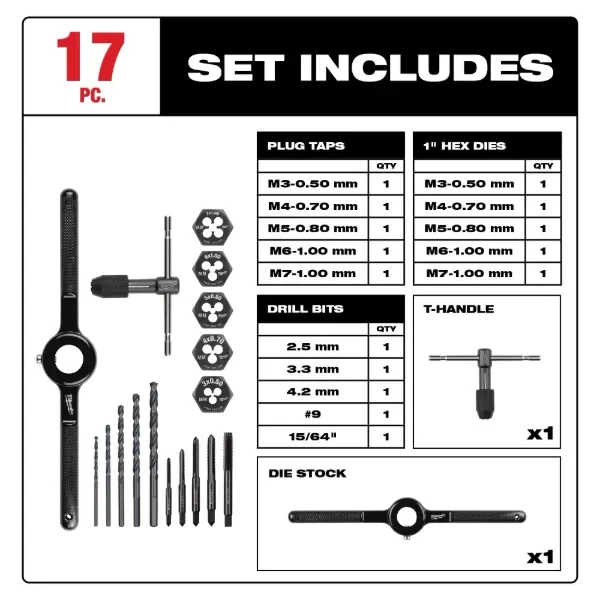 Producto - Juego 17 piezas de machos de roscar y troqueles métricos - Milwaukee 49-22-5601 - 1