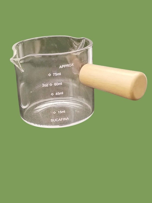 Producto - Tazas de vidrio con medidor de café y asa de madera x 2