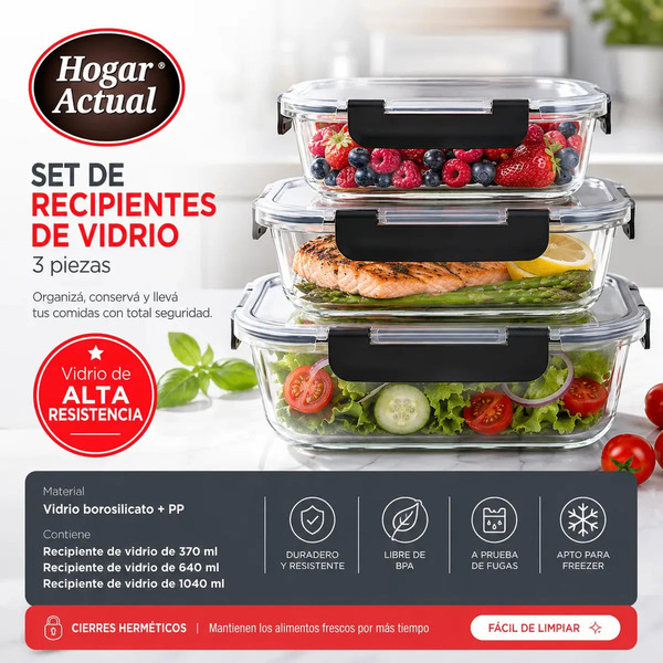 Producto - Set X3 recipientes hermetico -vidrio -apto microondas/horno/freezer/heladera - 3