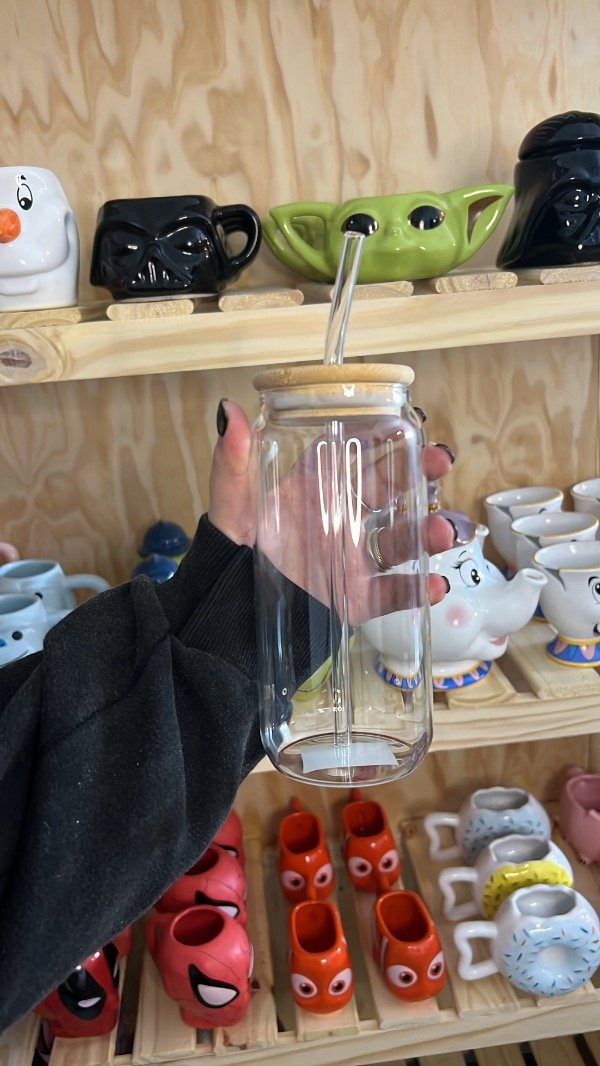 Producto - Vaso de vidrio con sorbete y tapa bambú