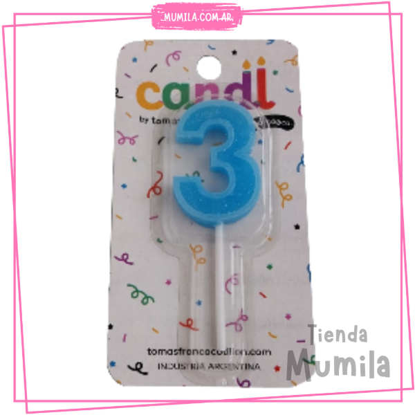 Producto - Vela numero 3 celeste palito