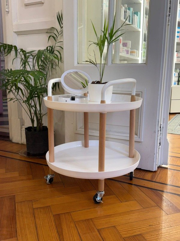 Producto - Carrito Organizador Redondo Blanco y Madera 2 pisos con ruedas