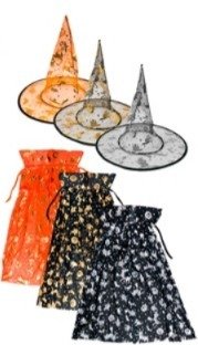 Producto - SET SOMBRERO BRUJA Y CAPA 80CM TUL ESTAMPADO COLORES SURTIDOS