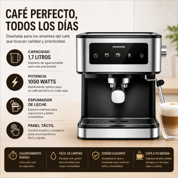 Producto - Cafetera Expresso -Tactil -1.5L -20 Bar -C/Vaporizador -Novohome (NH-CM 100) - 2