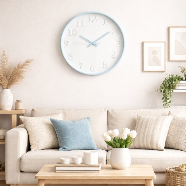Producto - Reloj redondo celeste fondo blanco c/numeros en relieve blancos 30cm