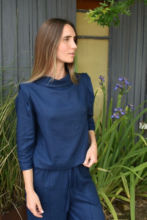 Producto - Blusa sastre cuello alto lino - Azul marino