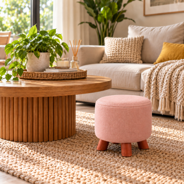 Producto - PUFF CIRCULAR C/ BASE MADERA 28CM DE DIAMETRO X 26 DE ALTURA TELA ACOLCHADA - 5