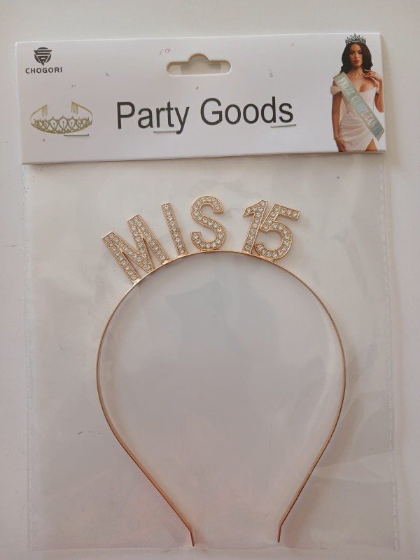Producto - Vincha c/Strass Metal DELUXA "MIS 15AÑOS" Dorado