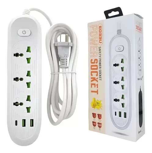 Producto - Zapatilla 3 Tomas E033u + 2 Usb + Tipo C 2mts Blanco/negro