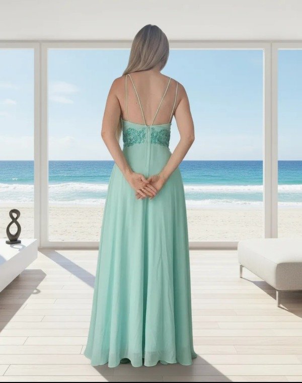 Vestido largo fiesta aqua escote corazón gasa — imagen 6