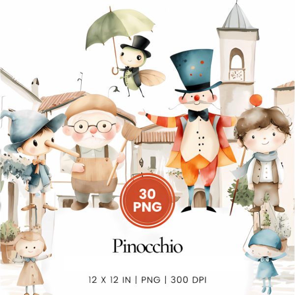 Producto - Las Aventuras de Pinocho - Clipart acuarela - Imágenes PNG - INF08