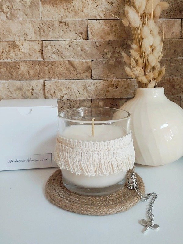 Producto - Combo para regalar PAZ vela en vaso de whisky liso con flecos