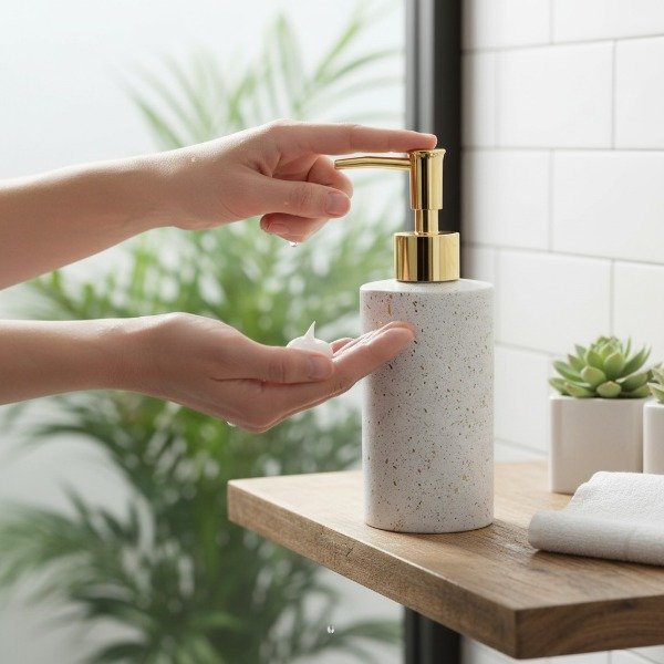 Producto - DISPENSER DE JABON LIQUIDO DETERGENTE VIDRIO DISEÑO PIEDRA CON DORADO 300ML