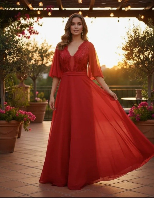 Vestido largo de gasa con lentejuelas y mangas de gasa