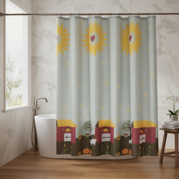 Producto - Cortina para Baño de Raso Teflonada Estampada + Ganchos "Campo"
