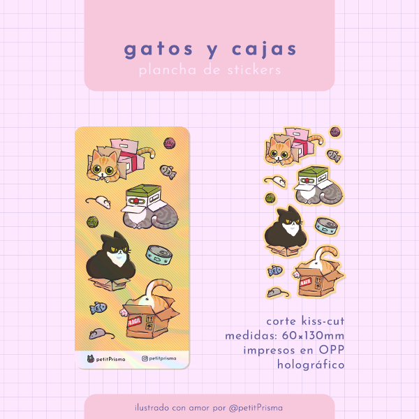 Producto - Plancha de Stickers Holográfica "Gatos y cajas"