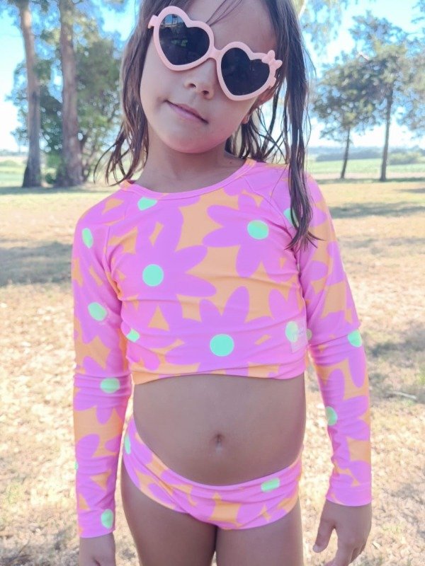 Producto - BIKINI MANGA LARGA UV FLORES NARANJAS