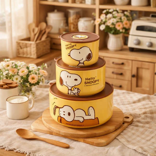 Producto - Set de 3 bowls Hermeticos Snoopy Original 3 tamaños Amarillo