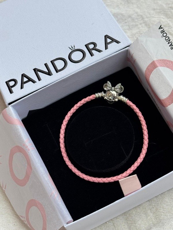 Producto - Pulsera Cuero Minnie Rosa Plata 925