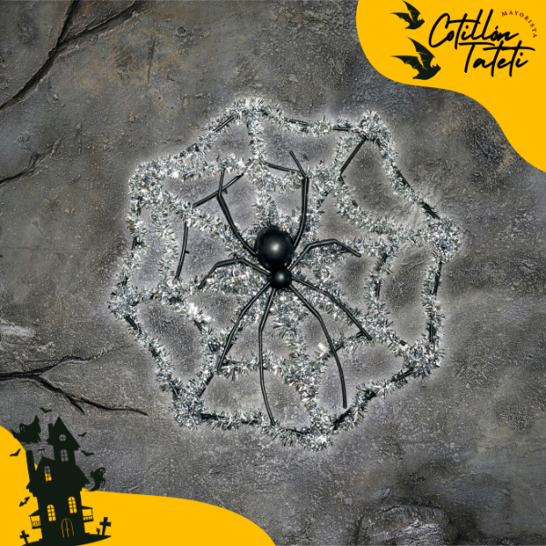 Producto - TELARAÑA CON ARAÑA TINSEL PLATEADA - 29cm.