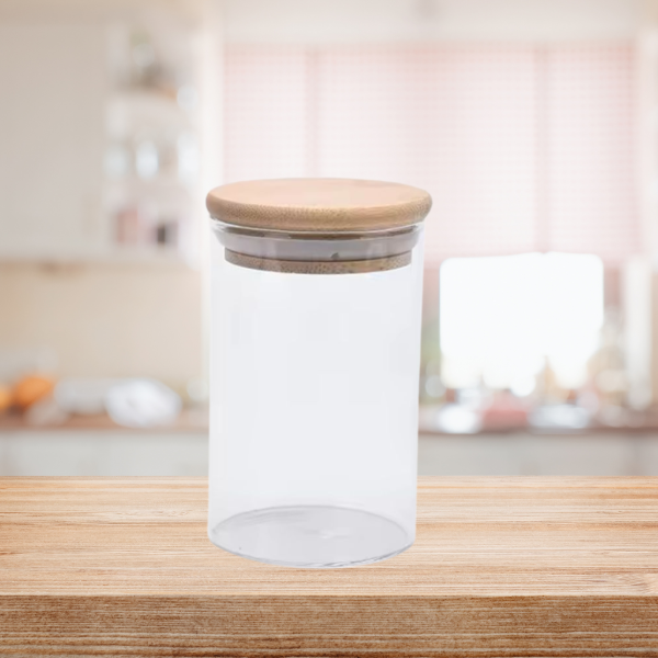 Producto - Frasco de vidrio redondo con tapa de bambú 650cc