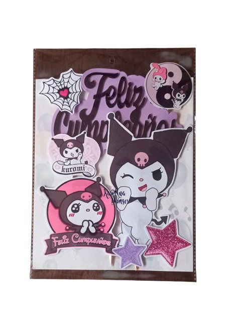 Producto - Cake Topper Adorno Kuromi Feliz Cumpleaños Lila/Negro. Set x 11