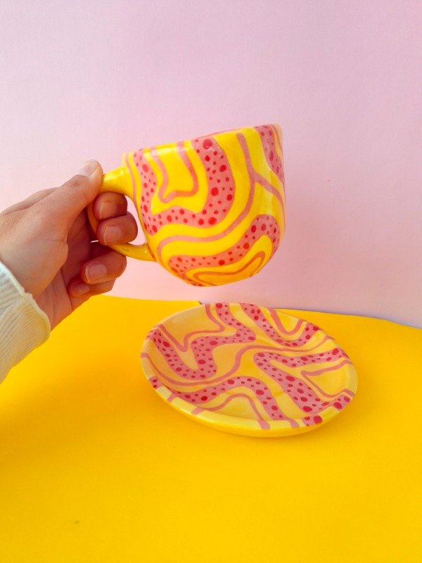 Producto - Taza y plato - Amarillo y rosa