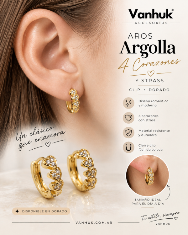 Producto - Aros argolla 4 corazones y strass clip D - 0