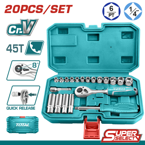 Producto - MALETÍN CON LLAVE CRIQUET, LLAVES TUBO Y ACCESORIOS 1/4 (20 PZS) - CRV - TOTAL