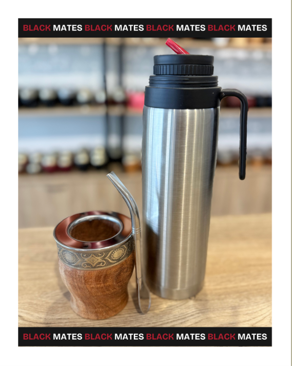 Producto - COMBO IMPERIAL RÚSTICO DE ALGARROBO + TERMO MEDIA MANIJA + BOMBILLA ACERO INOX