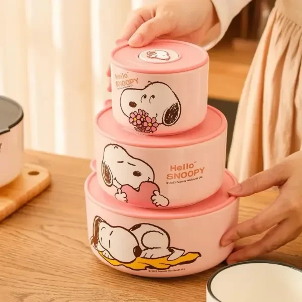 Producto - Set X3 Bowls Perrito Snoopy Con Tapa Hermética Ceramica
