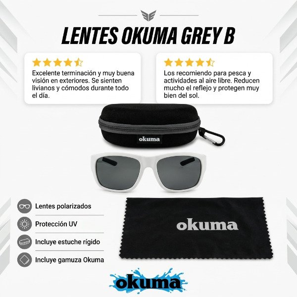 Producto - Anteojo Okuma Verde o Gris Mirror-B Espejados Polarizados UV400 Marco Blanco - 5