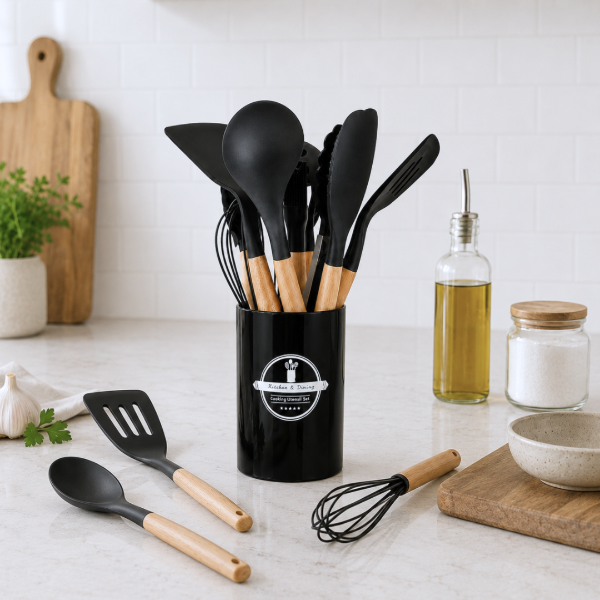 Producto - SET DE UTENSILIOS DE COCINA PREMIUM 12 PIEZAS SILICONA, MADERA Y PLÁSTICO 17CM - 1