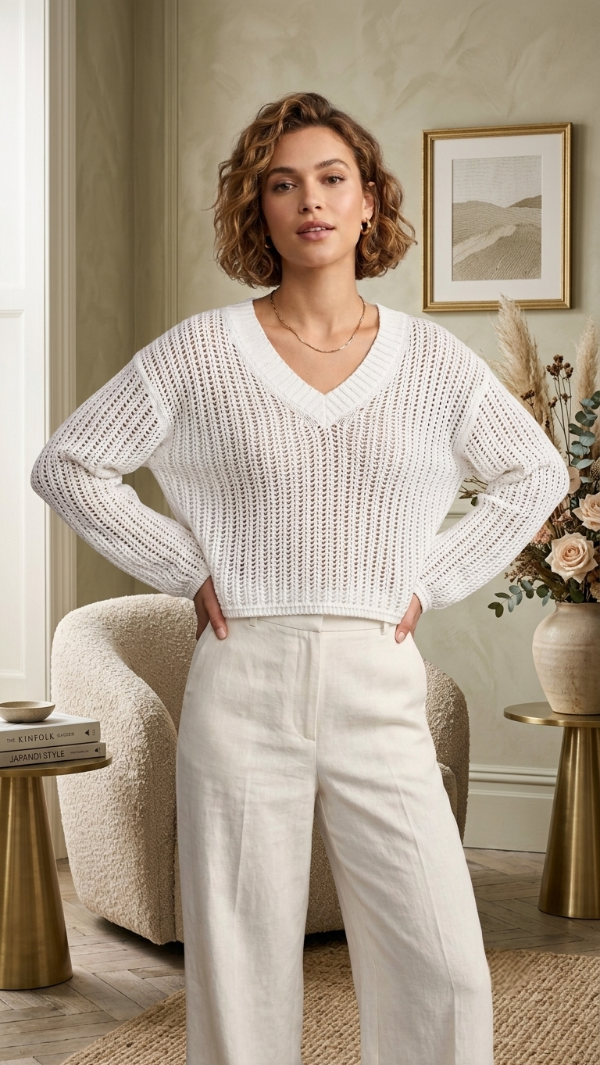 Producto - Suéter Crop de Punto Calado Algodón con Cuello en V ajuste relajado - 15