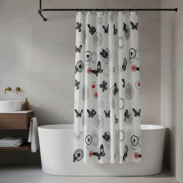 Producto - CORTINA PARA BAÑO PREMIUM "MARIPOSAS NEGRAS" + PROTECTOR Y GANCHOS