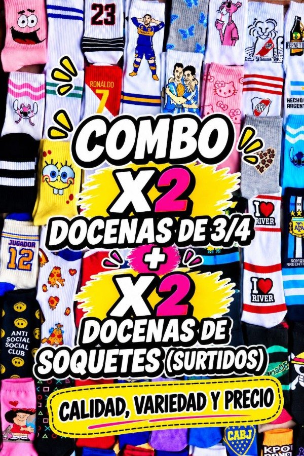Producto - COMBO X2 DOCENAS DE 3/4 + X2 DOCENAS DE SOQUETES PERSONAJES SURTIDO