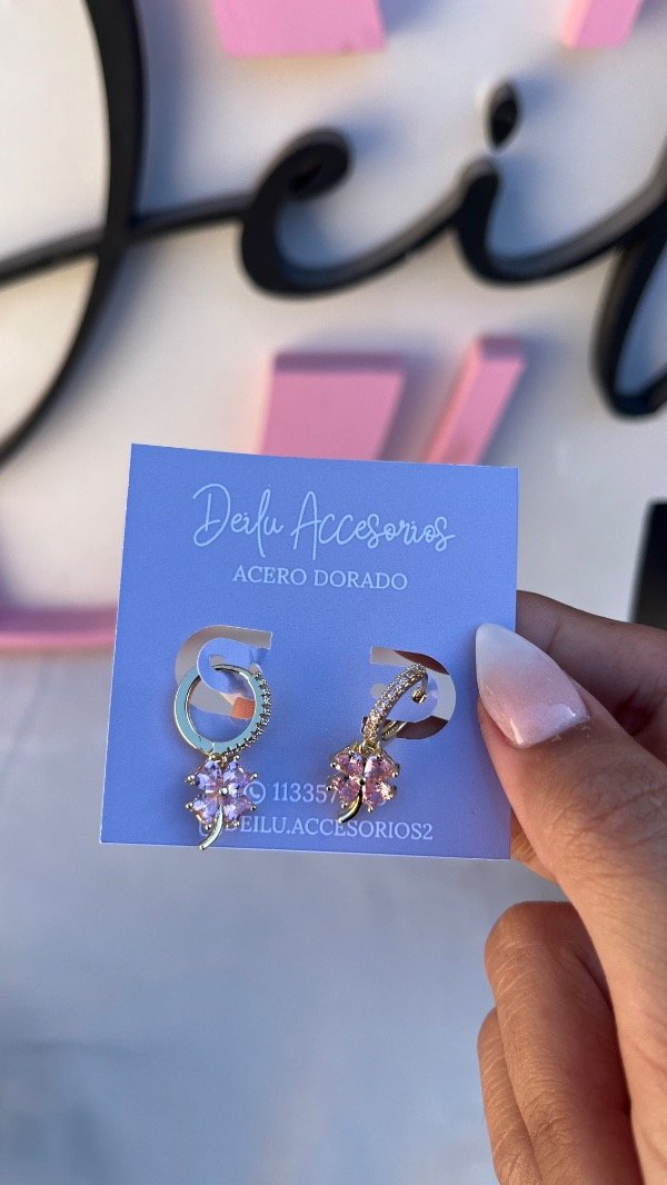 Producto - Argollitas trébol strass rosa