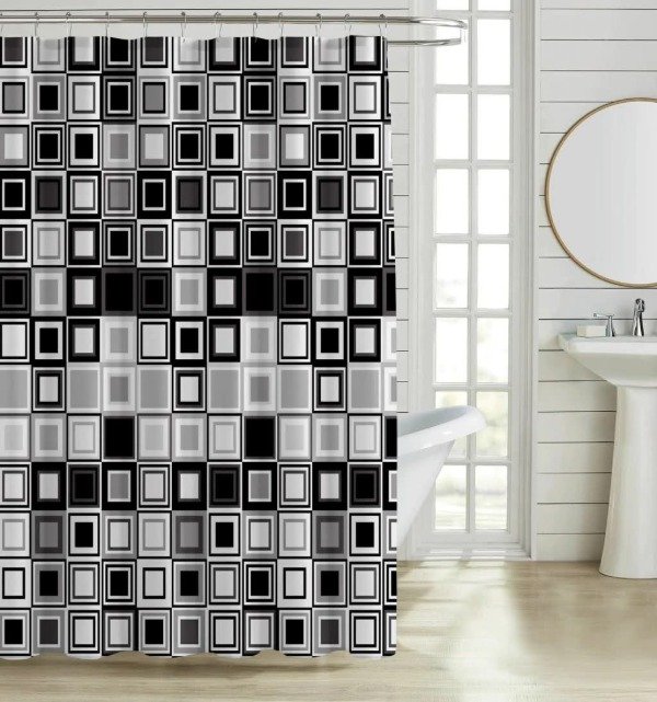 Producto - Cortina de baño de teflon estampado con 12 ganchos City Blanco