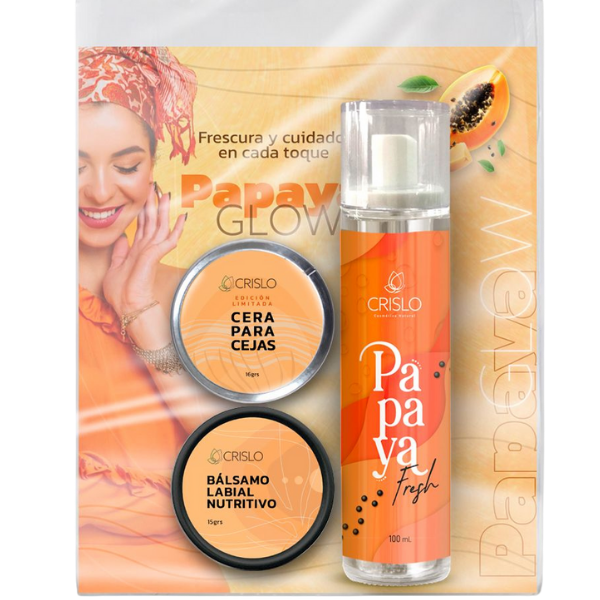 Producto - Papaya Glow- Fragancia + bálsamo labial + cera para cejas.
