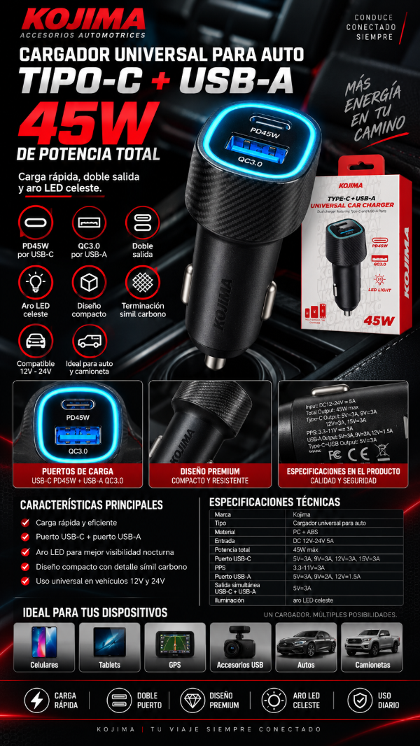 Producto - Cargador Universal Para Auto Kojima Tipo-C + USB-A 45W - 0