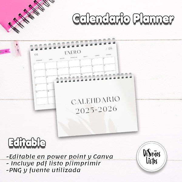 Producto - Calendario Mensual Editable 2025-2026 Planner Imprimible en PDF
