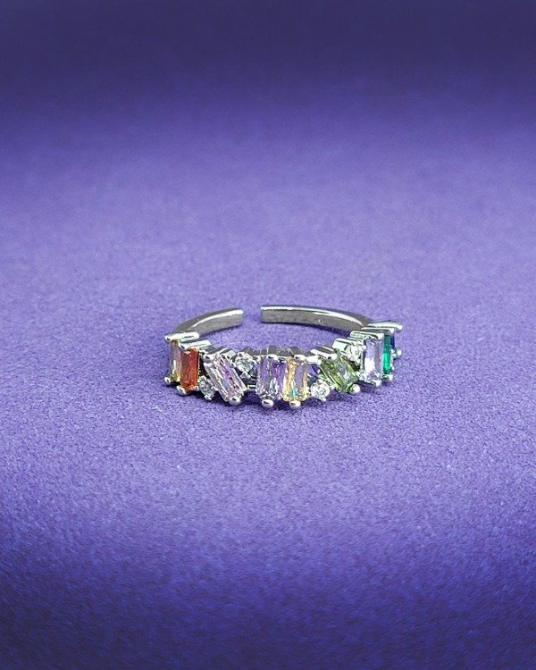 Producto - Anillo de Acero Quirúrgico - Baguettes cristales multicolor - Ajustable - A 1053 - 0