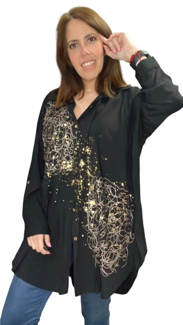 Producto - Maxi Camisas Metalizadas Largas Universal 140 cm Negra Gotitas de Oro 59.000